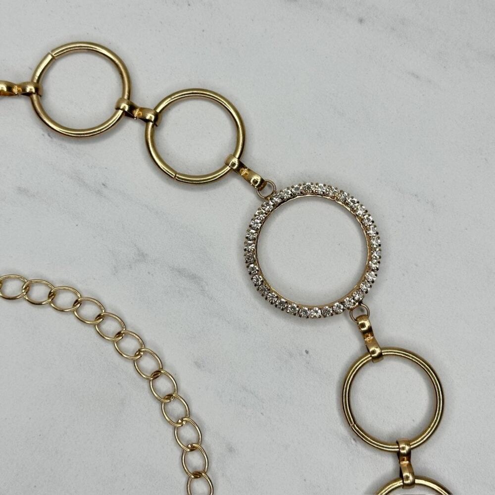 Womens Rhinestone Hoop Circle Gold Tone Chain Link Belt Plus One Size OS ✨ - Picture 6 of 12